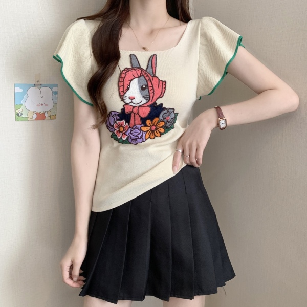 RM16669#重工兔子刺绣方领T恤衫女夏季新款设计感小飞袖绑带针织上衣