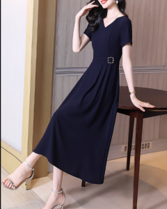 RM14809#藏蓝色连衣裙夏季2023新款收腰显瘦长款气质大摆裙高级感淑女长裙
