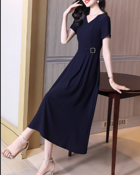 RM14809#藏蓝色连衣裙夏季2023新款收腰显瘦长款气质大摆裙高级感淑...