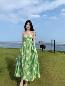 RM20193#复古吊带连衣裙女夏海边度假沙滩裙绿色大花高腰长裙收腰吊带裙子
