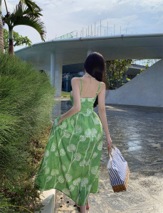 RM20193#复古吊带连衣裙女夏海边度假沙滩裙绿色大花高腰长裙收腰吊带裙子