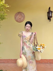 RM14828#花园油画裙 法式仙女高级感压皱设计连衣裙雪纺显瘦夏季