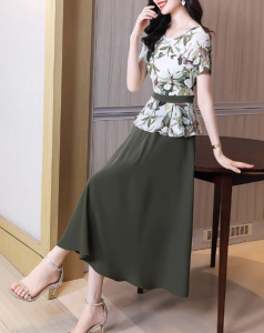 RM14811#军绿色假两件印花连衣裙2023夏季新款气质修身显瘦设计感a字长裙