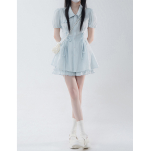 RM14691#糖霜蓝莓 蓝色衬衫连衣裙短裤两件套