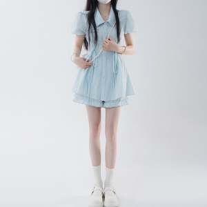 RM14691#糖霜蓝莓 蓝色衬衫连衣裙短裤两件套