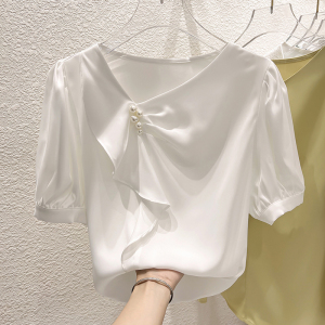 RM15032#新款韩国气质显瘦领子不规则褶皱钉珠套头短袖雪纺衬衫女夏季