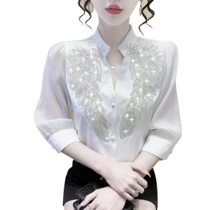RM20543#夏季新款重工亮片镶钻洋气时尚宽松白色衬衫