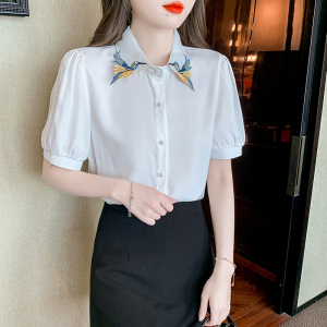 RM16351#短袖衬衣绣花夏季女装新款单排扣泡泡袖通勤简约纯色百搭