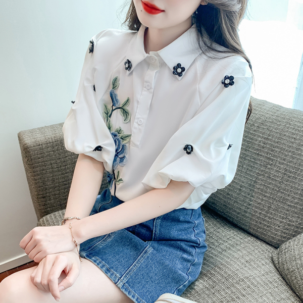 RM16352#短袖泡泡袖上衣衬衫纯色设计感绣花小清新女装新款韩版