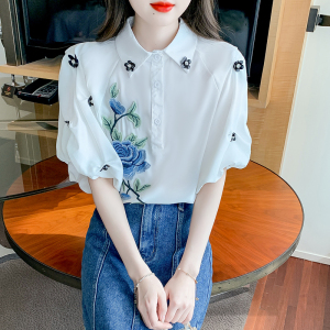 RM16352#短袖泡泡袖上衣衬衫纯色设计感绣花小清新女装新款韩版