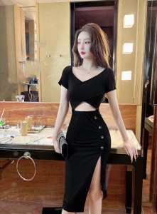 Hip wrap skirt sexy open belly button pure desire split black dress