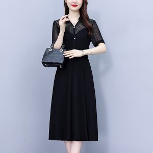 RM19175#时尚气质大码女装胖mm修身显瘦中长款夏季新款遮肚连衣裙子黑色