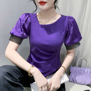 TR38383# 夏季黑色短袖T恤女新款重工钻片气质修身泡泡袖设计感上衣 服装批发女装批发服饰货源