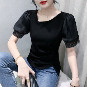 TR38383# 夏季黑色短袖T恤女新款重工钻片气质修身泡泡袖设计感上衣 服装批发女装批发服饰货源