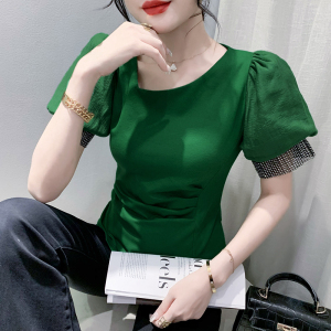 TR38383# 夏季黑色短袖T恤女新款重工钻片气质修身泡泡袖设计感上衣 服装批发女装批发服饰货源