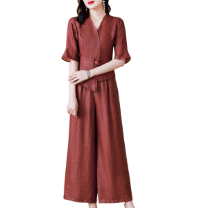 RM16844#真丝套装女装时尚重磅蚕丝花罗香云纱两件套红色阔腿大码夏