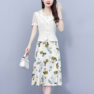 RM19174#假两件拼接时尚印花连衣裙女夏季新款潮流显瘦甜美方领名媛A字裙