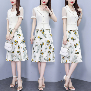 RM19174#假两件拼接时尚印花连衣裙女夏季新款潮流显瘦甜美方领名媛A字裙