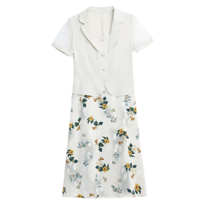 RM19174#假两件拼接时尚印花连衣裙女夏季新款潮流显瘦甜美方领名媛A字裙