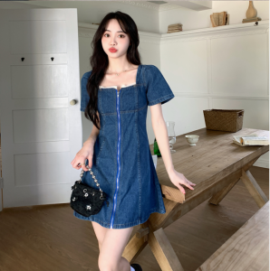 RM14683#夏季大码女装新款方领拉链牛仔短袖A字显瘦连衣裙S-5XL200斤