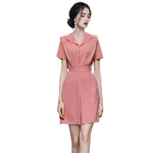 RM22421#夏季新款时尚气质V领收腰显瘦假两件A字裙休闲通勤连衣裙女装