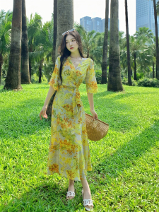 RM20318#卜斯斯 法式一片式裹身度假长裙金黄色战袍海边沙滩裙