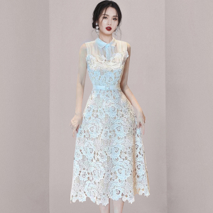 Spliced water melt floral lace waistband fashionable dress