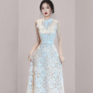 Spliced water melt floral lace waistband fashionable dress