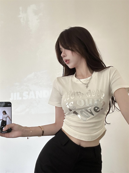 RM14769#白色立体字母短袖t恤夏季甜辣小个子露脐设计感小众上衣