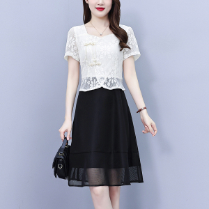 RM18221#大码女装2023年夏季新中式收腰显瘦遮肉减龄假两件拼接连衣裙