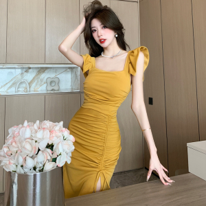 TR42810# 欧洲站法式小飞飞袖连衣裙女夏抽褶开叉复古气质中长款吊带裙