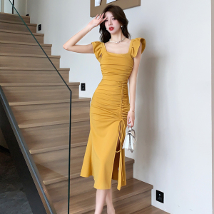 TR42810# 欧洲站法式小飞飞袖连衣裙女夏抽褶开叉复古气质中长款吊带裙