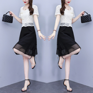 RM18221#大码女装2023年夏季新中式收腰显瘦遮肉减龄假两件拼接连衣裙