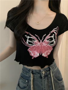 RM15180#夏季新款蝴蝶印花设计感木耳边针织衫短袖女上衣