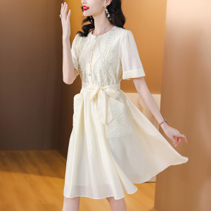 RM14917#高级感天丝连衣裙女夏季2023新款法式刺绣镂空系带显瘦中长裙