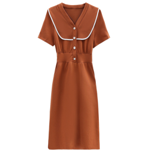 RM14923#v领连衣裙短袖2023夏季新款气质显瘦收腰遮肉中长款休闲裙子