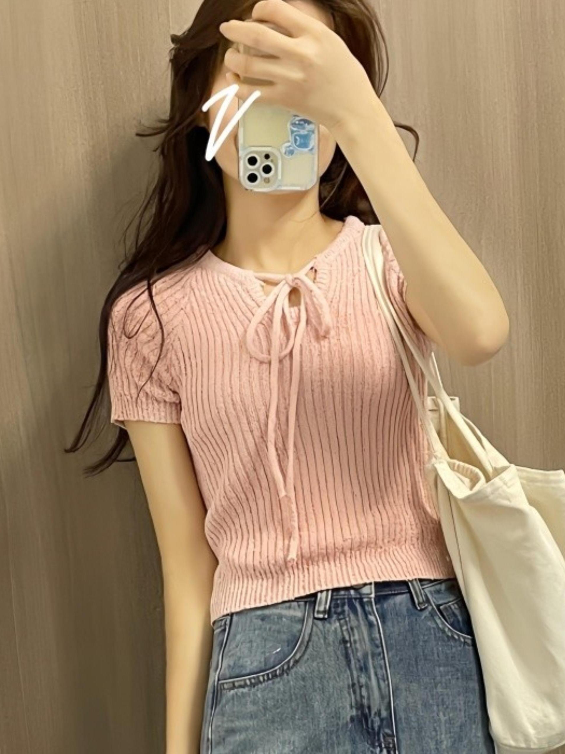 韩系chic夏季减龄复古小众气质绑带短袖针织衫别致上衣女装小个子