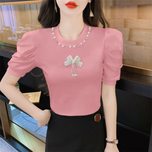 RM15353#夏季新款韩版修身圆领泡泡袖重工钉珠 T恤上衣