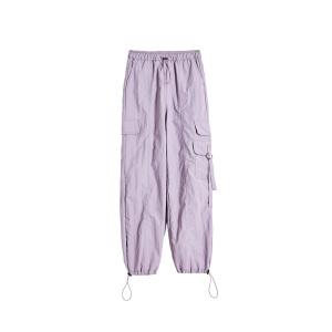 RM15531#紫色降落伞工装裤女2023夏新款港风宽松抽绳阔腿束脚机能卫裤