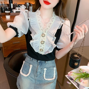 TR34143# 夏韩版设计感短袖洋气拼蕾丝袖重工钉珠V领上衣t恤 服装批发女装批发服饰货源