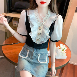 TR34143# 夏韩版设计感短袖洋气拼蕾丝袖重工钉珠V领上衣t恤 服装批发女装批发服饰货源