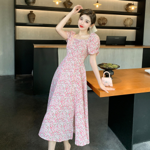 RM16703#夏季新款法式方领甜美温柔修身显瘦长款开叉印花连衣裙