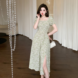 RM16703#夏季新款法式方领甜美温柔修身显瘦长款开叉印花连衣裙