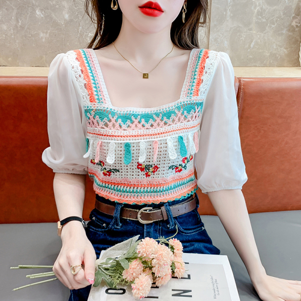 RM18108#夏装甜美民族风编织花朵精致拼接小清新短款方领上衣