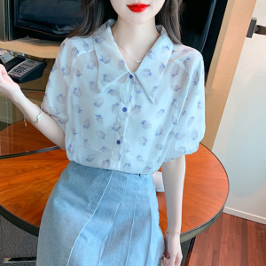 RM20143#送吊带夏季法式印花雪纺衫衬衫泡泡袖小衫