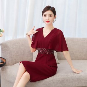 RM20846#新款酒红色小礼服平时可穿妈妈婚宴装喜婆婆高端修身女高贵
