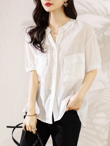 RM16548#夏季新款宽松显瘦衬衫纯色百搭大口袋上衣女