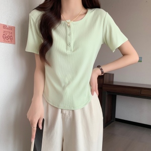 RM21741#大码女装韩版低圆领T恤设计感小众短袖纽扣短款修身上衣女