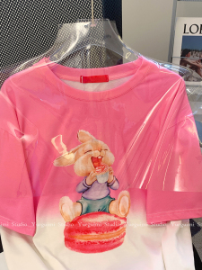 RM14980#纯棉220克粉色兔子短袖t恤女夏季23新款宽松甜美