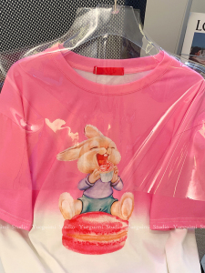 RM14980#纯棉220克粉色兔子短袖t恤女夏季23新款宽松甜美